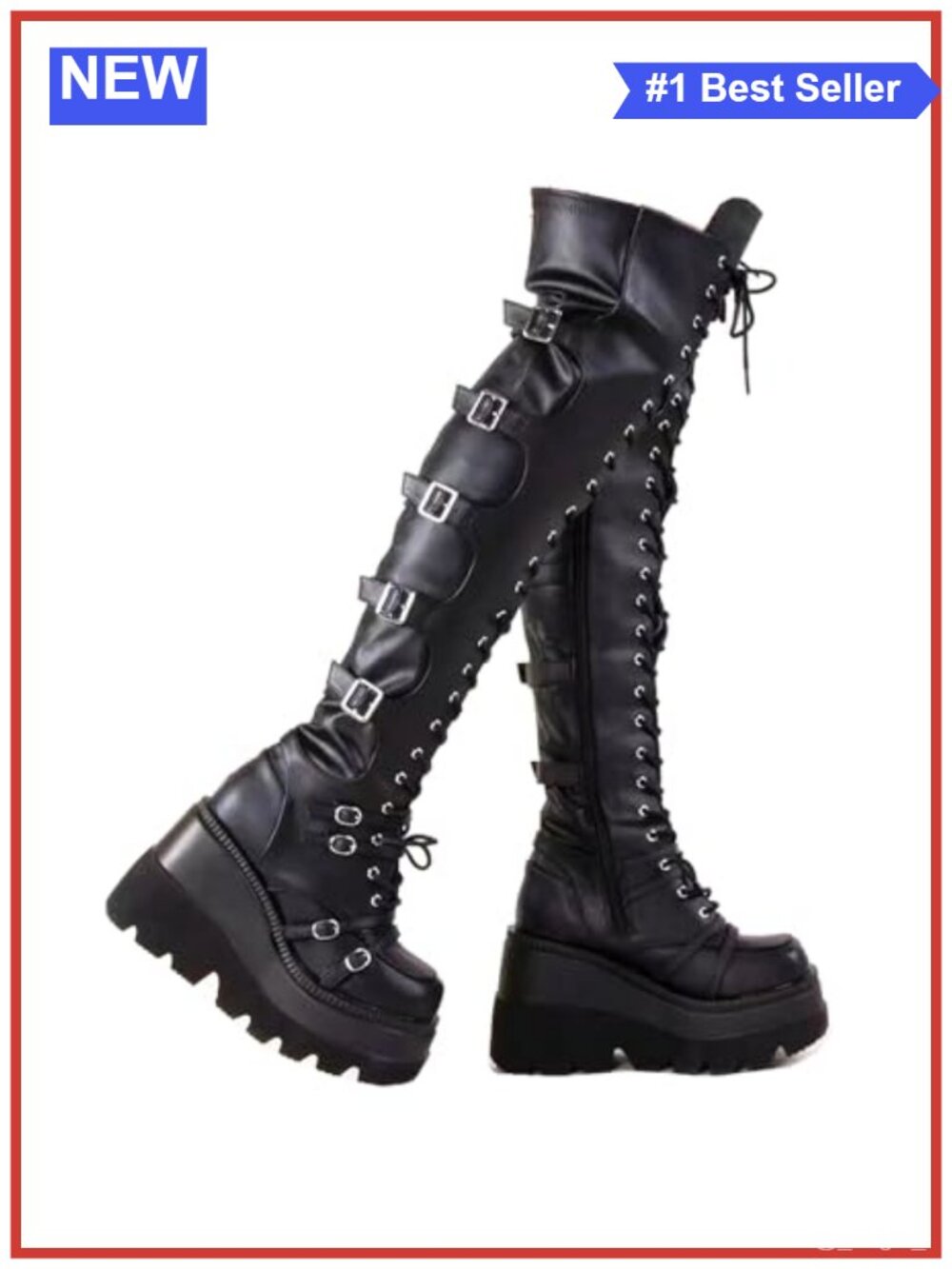 Platform Over Knee Boots Faux Leather Chunky Heel Lace Up